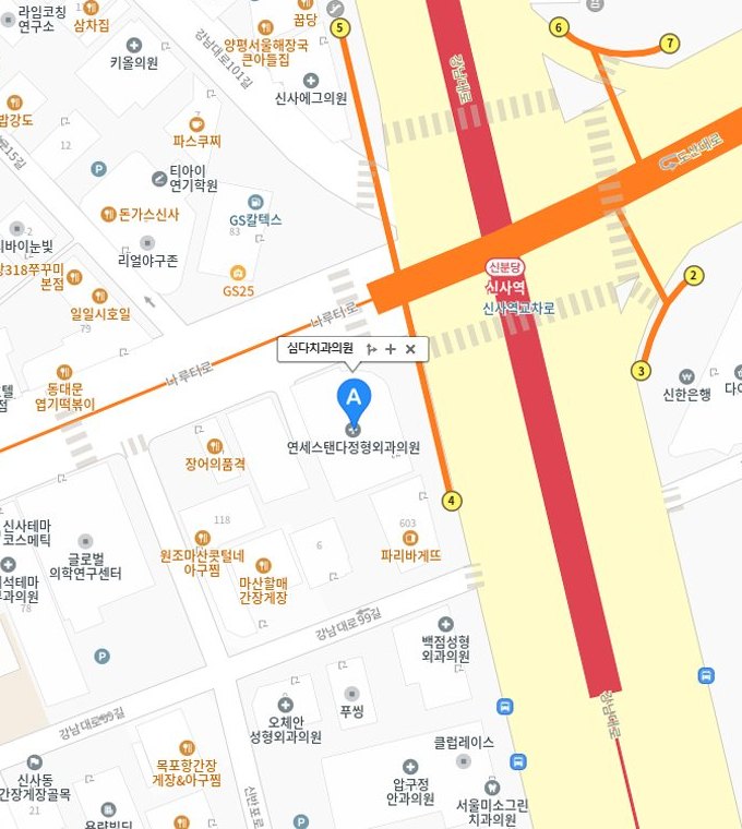 강남대로·신사역 일대 카카오맵 캡처(심다치과 위치 표시)
